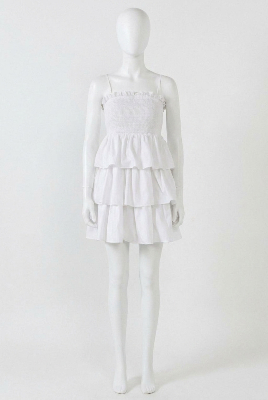 NEW ENDLESS ROSE spaghetti smocked tiered mini dress in white